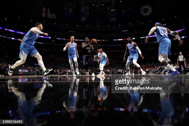 Davion Mitchell of the Sacramento Kings drives to the basket against the Los Angeles Clippers during the second half at Crypto.com Arena on April 09,...