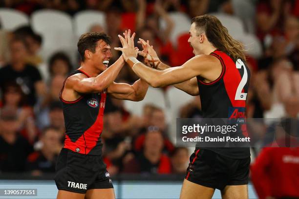 Jye Caldwell of the Bombers celebrates kicking a goal during the round four AFL match between the Essendon Bombers and the Adelaide Crows at Marvel...