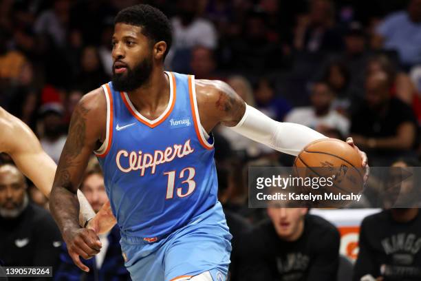 Paul George of the Los Angeles Clippers drives to the basket during the second half against the Sacramento Kings at Crypto.com Arena on April 09,...