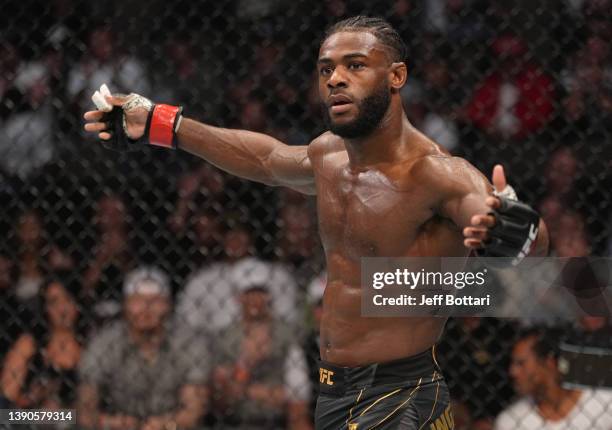 Aljamain Sterling reacts after the second round of his UFC bantamweight championship fight against Petr Yan of Russia during the UFC 273 event at...