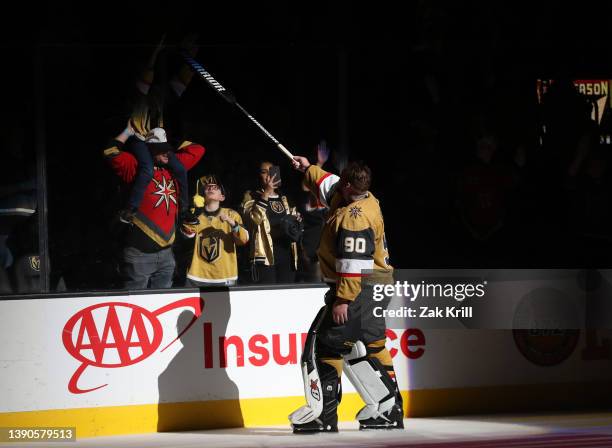 The Vegas Golden Knights celebrate after defeating the Arizona Coyotes at T-Mobile Arena on April 09, 2022 in Las Vegas, Nevada.