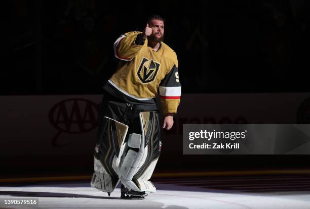 The Vegas Golden Knights celebrate after defeating the Arizona Coyotes at T-Mobile Arena on April 09, 2022 in Las Vegas, Nevada.
