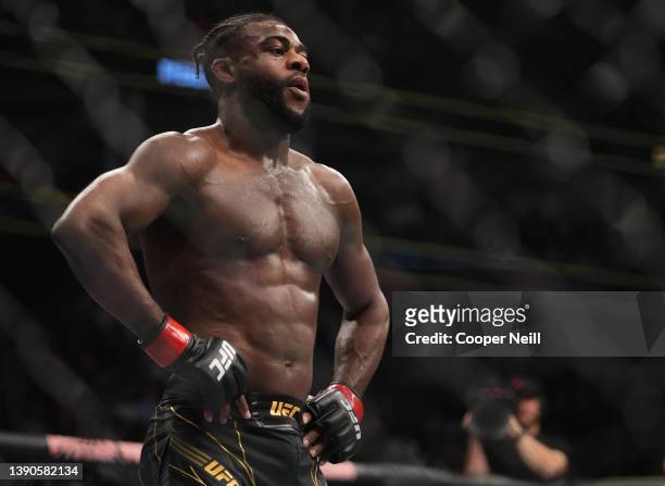 Aljamain Sterling reacts after his UFC bantamweight championship fight against Petr Yan of Russia during the UFC 273 event at VyStar Veterans...