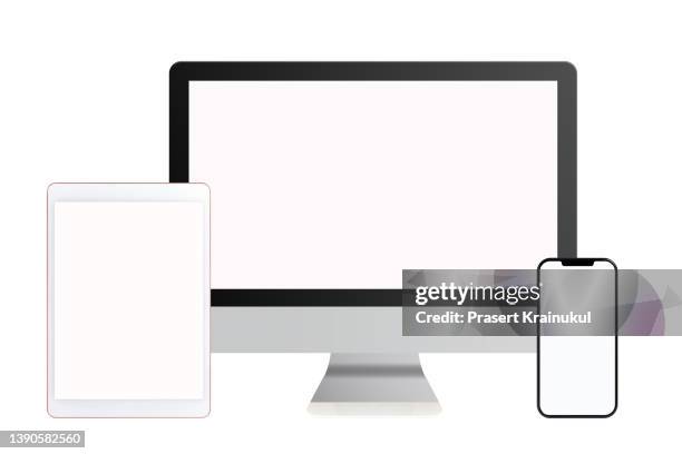 computer, mobile phone and digital tablet pc with clipping path - ノートパソコン スマートフォン ストックフォトと画像