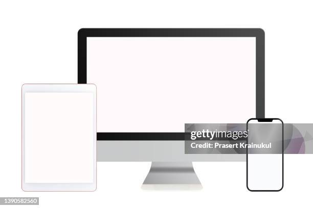 computer, mobile phone and digital tablet pc with clipping path - desktop pc stockfoto's en -beelden