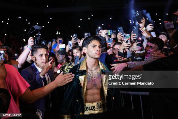 Ryan Garcia walks to the ring to face Emmanuel Tagoe in their Lightweight bout at the Alamodome on April 09, 2022 in San Antonio, Texas.