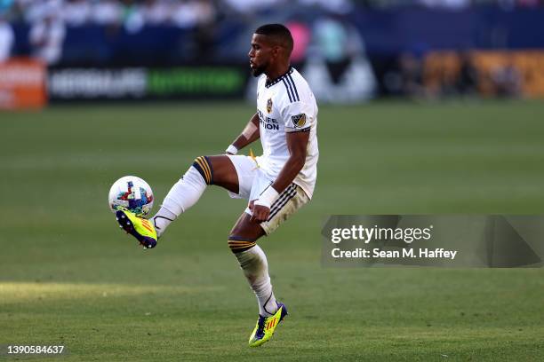 Samuel Grandsir of Los Angeles Galaxy controls the ball during the second half of a game against the Los Angeles FC at Dignity Health Sports Park on...