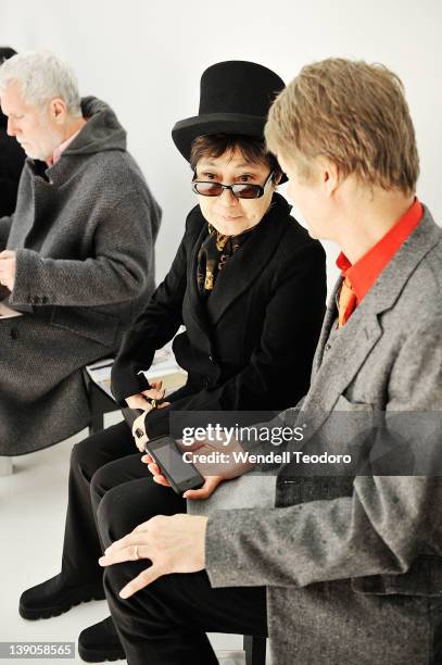 Musician Nels Cline and Yoko Ono attends the threeASFOUR Fall 2012 fashion show during Mercedes-Benz Fashion Week at the The Hole on February 15,...