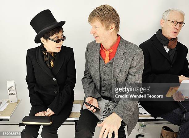 Yoko Ono and musician Nels Cline attends the threeASFOUR Fall 2012 fashion show during Mercedes-Benz Fashion Week at the The Hole on February 15,...