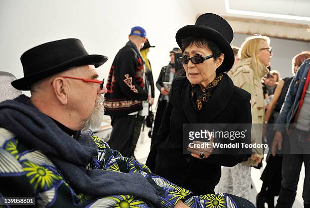 Artist Chuck Close and Yoko Ono attends the threeASFOUR Fall 2012 fashion show during Mercedes-Benz Fashion Week at the The Hole on February 15, 2012...