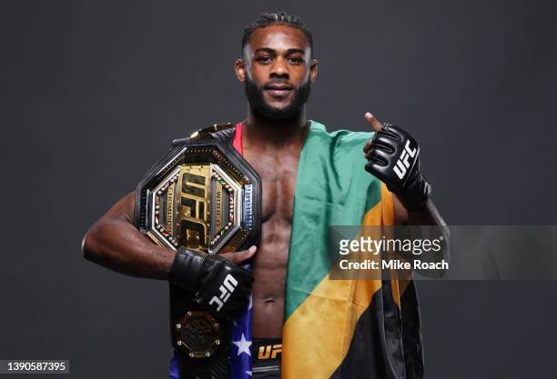Aljamain Sterling poses for a portrait after his victory during the UFC 273 event at VyStar Veterans Memorial Arena on April 09, 2022 in...