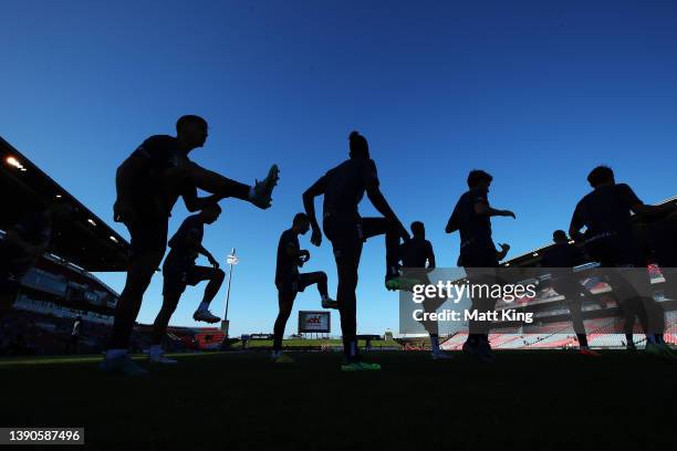 Jets players warm up during the A-League Mens match between Newcastle Jets and Perth Glory at McDonald Jones Stadium, on April 10 in Newcastle,...