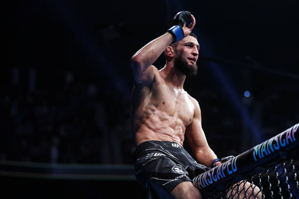 Khamzat Chimaev of Russia reacts after defeating Gilbert Burns of Brazil in the welterweight bout during the UFC 273 event at VyStar Veterans...