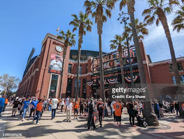 Fans enter the stadium for the San Francisco Giants opening day game against the Miami Marlins at Oracle Park on April 08, 2022 in San Francisco,...