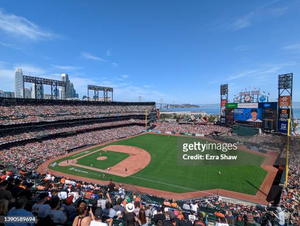 General view of the San Francisco Giants playing against the Miami Marlins in the first inning during their opening day game at Oracle Park on April...