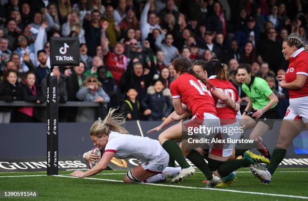 Alex Matthews of England goes over to score their team's seventh try during the TikTok Women's Six Nations match between England and Wales at...