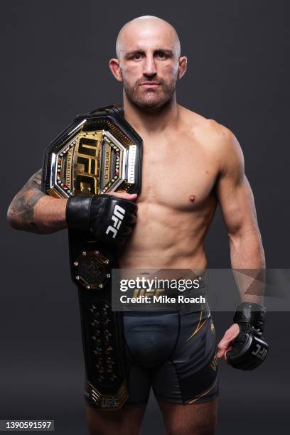 Alexander Volkanovski of Australia poses for a portrait after his victory during the UFC 273 event at VyStar Veterans Memorial Arena on April 09,...