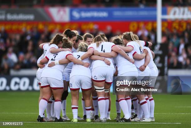 The England team form a huddle on the pitch during the TikTok Women's Six Nations match between England and Wales at Kingsholm Stadium on April 09,...