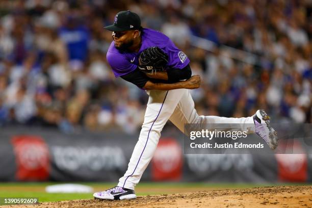 Alex Colome of the Colorado Rockies pitches in the eighth inning against the Los Angeles Dodgers at Coors Field on April 9, 2022 in Denver, Colorado.