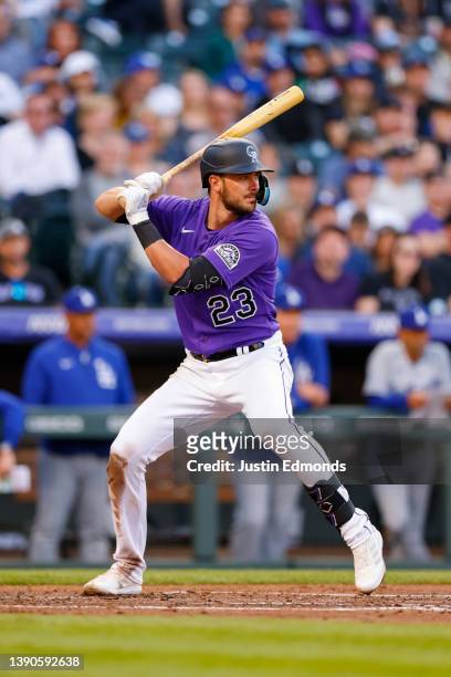 Kris Bryant of the Colorado Rockies bats in the second inning against the Los Angeles Dodgers at Coors Field on April 9, 2022 in Denver, Colorado.
