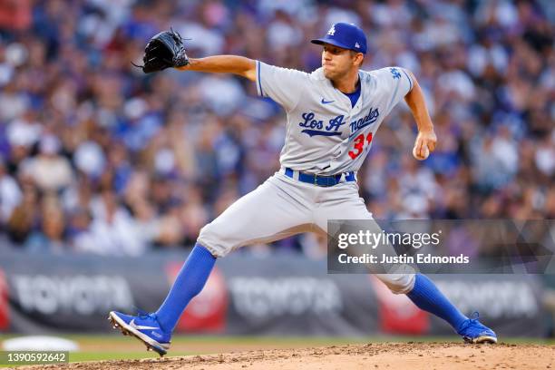 Tyler Anderson of the Los Angeles Dodgers pitches in the fourth inning against the Colorado Rockies at Coors Field on April 9, 2022 in Denver,...