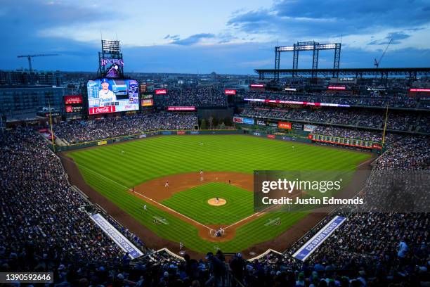 General view of the Colorado Rockies on the field against the Los Angeles Dodgers in the fifth inning at Coors Field on April 9, 2022 in Denver,...