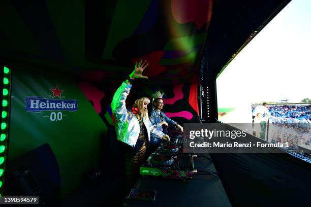 Australian DJ duo Nervo perform after the F1 Grand Prix of Australia at Melbourne Grand Prix Circuit on April 10, 2022 in Melbourne, Australia.