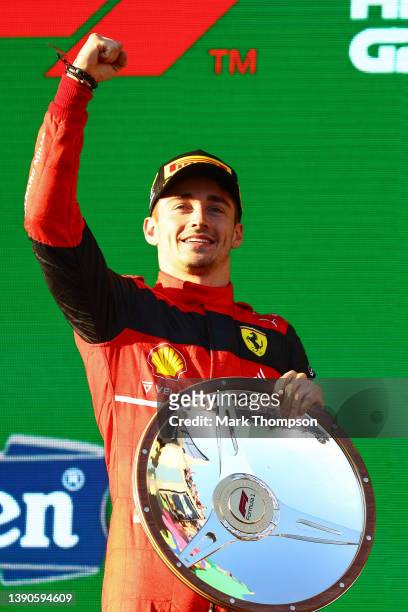Race winner Charles Leclerc of Monaco and Ferrari celebrates on the podium during the F1 Grand Prix of Australia at Melbourne Grand Prix Circuit on...