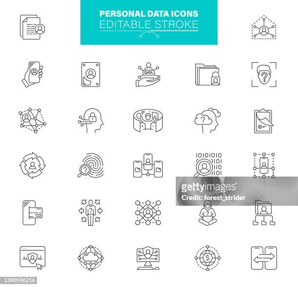 personal data icons editable stroke. the set contains icons as privacy, confidential information, cybersecurity, data protection - personal data stock illustrations