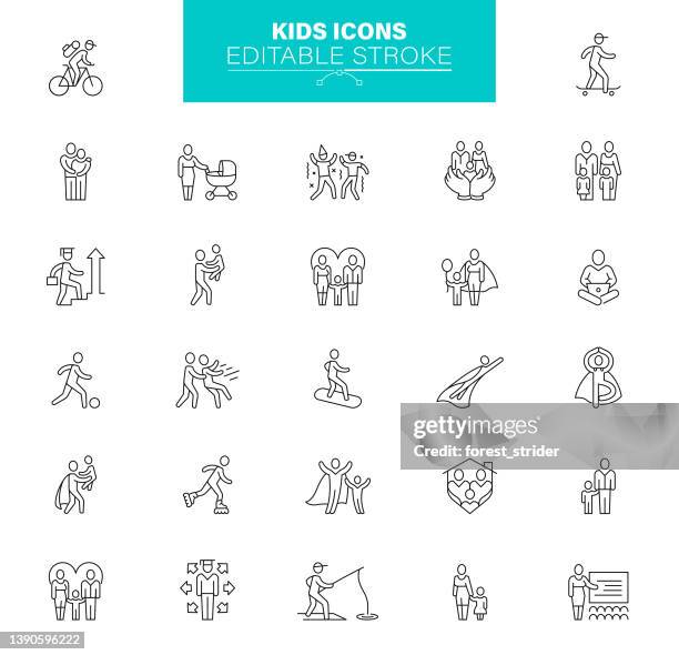 bearbeitbarer strich für kindersymbole. das set enthält icons wie familie, kinderbetreuung, adoptiveltern, familie - mutter-tochter-sohn stock-grafiken, -clipart, -cartoons und -symbole