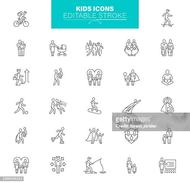 ilustraciones, imágenes clip art, dibujos animados e iconos de stock de iconos para niños trazo editable. el conjunto contiene iconos como familia, cuidado infantil, padres adoptivos, familia - guarderia