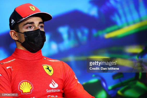 Race winner Charles Leclerc of Monaco and Ferrari talks in the press conference after the F1 Grand Prix of Australia at Melbourne Grand Prix Circuit...