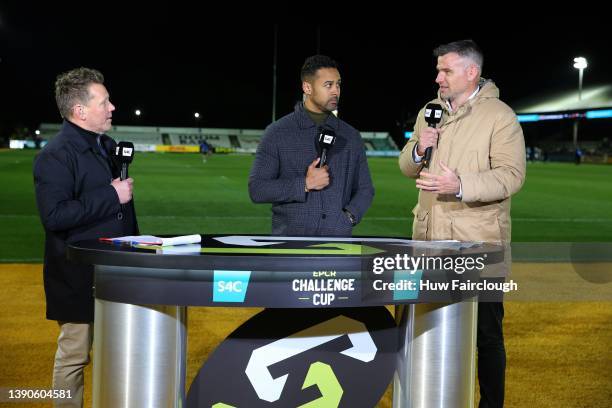 View of the Welsh Speaking Rugby pundits R-L Mike Phillips, Aled Brew and Rhys Jones during the EPCR Challenge Cup match between Dragons and...