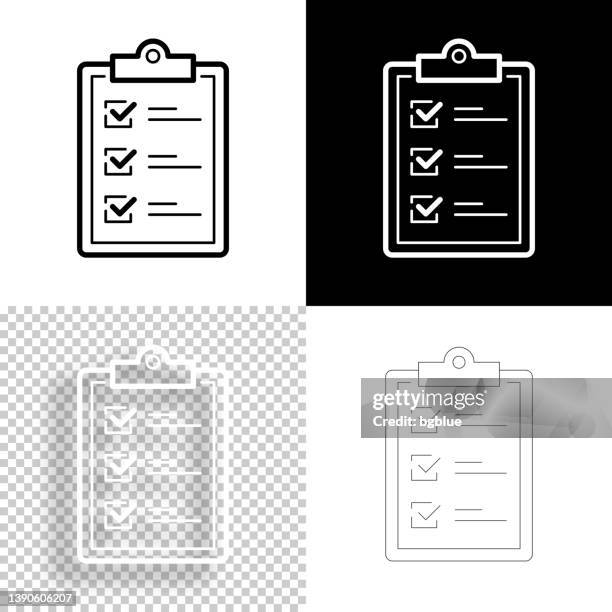 ilustraciones, imágenes clip art, dibujos animados e iconos de stock de portapapeles con lista de verificación. icono para el diseño. fondos en blanco, blancos y negros - icono de línea - clip office supply