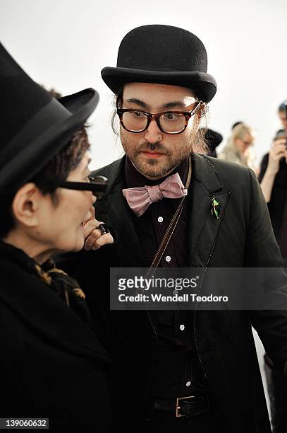 Yoko Ono and Sean Lennon attends the threeASFOUR Fall 2012 fashion show during Mercedes-Benz Fashion Week at the The Hole on February 15, 2012 in New...