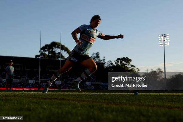 Nicholas Hynes of the Sharks kicks for goal during the round five NRL match between the Cronulla Sharks and the Wests Tigers at PointsBet Stadium, on...