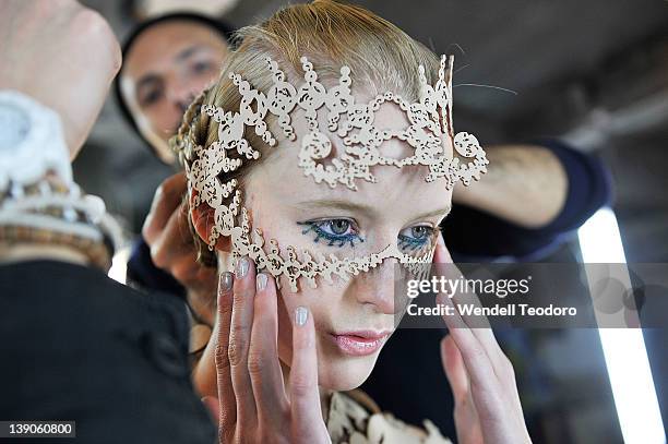 Model attends the threeASFOUR Fall 2012 fashion show during Mercedes-Benz Fashion Week at the The Hole on February 15, 2012 in New York City.