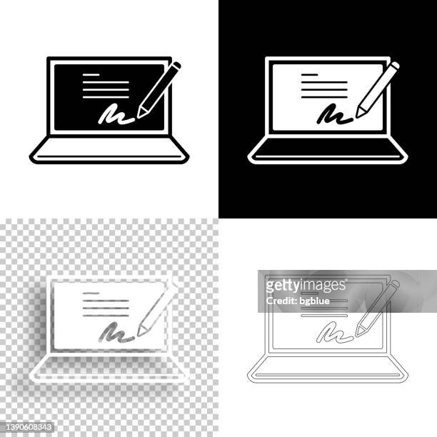 ilustraciones, imágenes clip art, dibujos animados e iconos de stock de firma electrónica en ordenador portátil. icono para el diseño. fondos en blanco, blancos y negros - icono de línea - firma digital