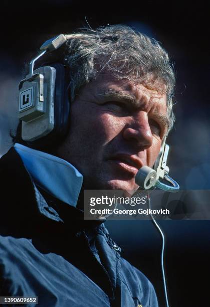 Defensive coordinator George Perles of the Pittsburgh Steelers looks on from the sideline during a National Football League game at Three Rivers in...