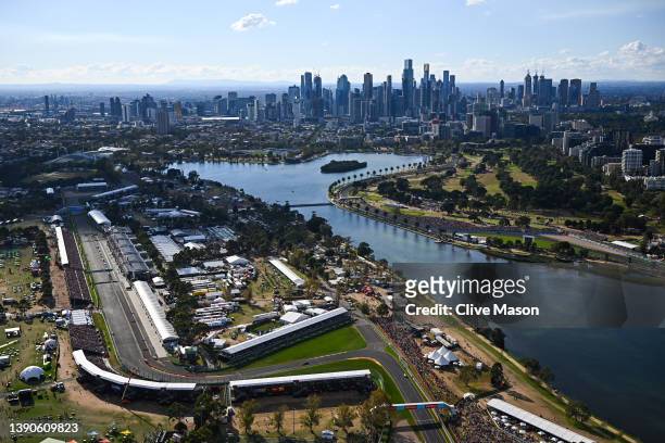 General view of over the circuit of the track action during the F1 Grand Prix of Australia at Melbourne Grand Prix Circuit on April 10, 2022 in...