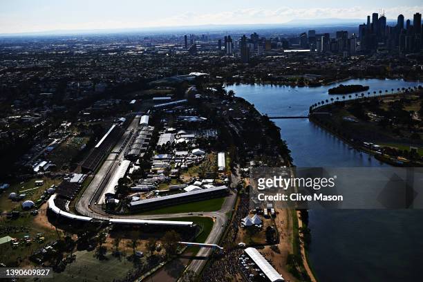 General view of over the circuit of the track action during the F1 Grand Prix of Australia at Melbourne Grand Prix Circuit on April 10, 2022 in...