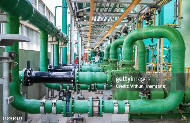 valves and pipeline system of industrial zone, steel pipeline and valves at factory, pump and motor which popular to install with pipe in industrial such chemical, power plant, oil and gas. - animal leg stockfoto's en -beelden