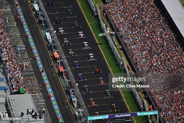 General view over the grid as cars prepare to drive during the F1 Grand Prix of Australia at Melbourne Grand Prix Circuit on April 10, 2022 in...