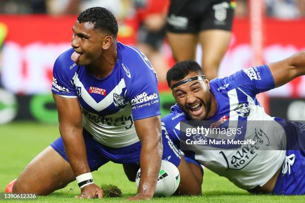 Tevita Pangai Junior of the Bulldogs celebrates after scoring a try during the round five NRL match between the Canterbury Bulldogs and the Penrith...