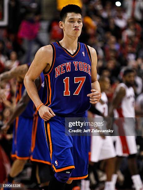 Jeremy Lin of the New York Knicks reacts against the Toronto Raptors at the Air Canada Centre February 14, 2012 in Toronto, Ontario, Canada. NOTE TO...