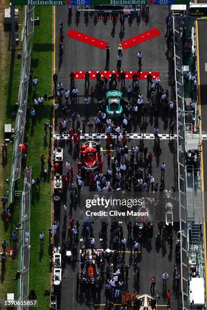 The cars of Charles Leclerc of Monaco and Ferrari, Max Verstappen of the Netherlands and Oracle Red Bull Racing and Sergio Perez of Mexico and Oracle...