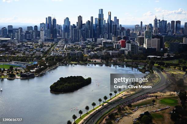 General view showing Lewis Hamilton of Great Britain driving the Mercedes AMG Petronas F1 Team W13 leading Sergio Perez of Mexico driving the Oracle...