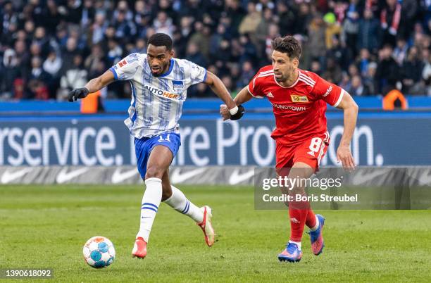 Myziane Maolida of Hertha BSC is challenged by Rani Khedira of 1.FC Union Berlin during the Bundesliga match between Hertha BSC and 1. FC Union...