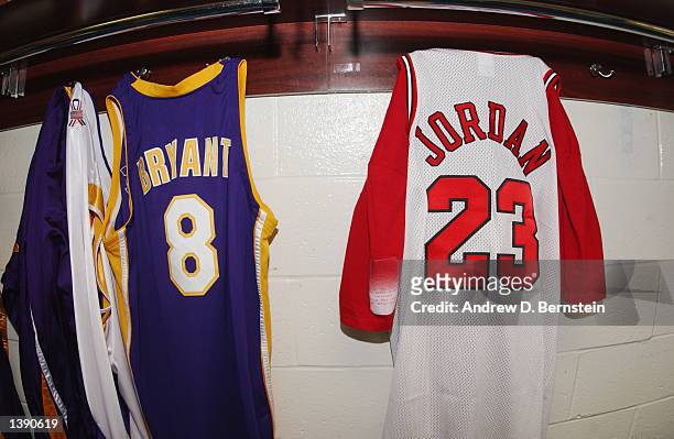 Kobe Bryant's Los Angeles Lakers jersey hangs next to a Michael News  Photo - Getty Images