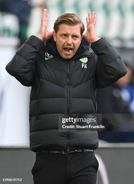 Florian Kohfeldt, head coach of Wolfsburg reacts during the Bundesliga match between VfL Wolfsburg and DSC Arminia Bielefeld at Volkswagen Arena on...